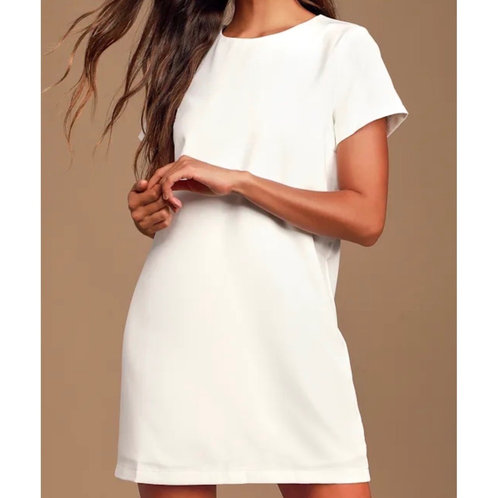 Lulus Shift and Shout Ivory White Mini Shift Dress Short Sleeve Gold Zip Small